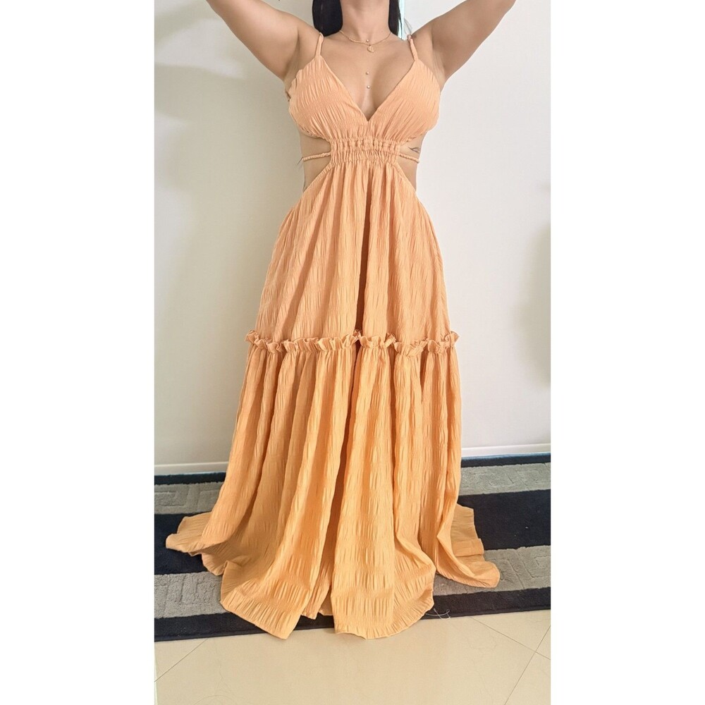 Mable Ari Cut Out Boho Seersucker Tiered Ruffle Smocked Textured Maxi Dress